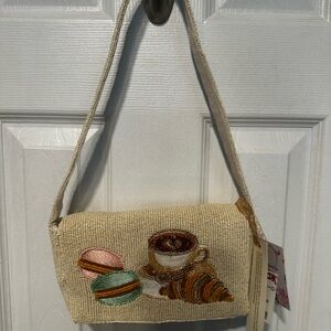 NWT Cream Cafe' Beaded Shoulder Bag with Coffee Latte Croissant & Macaroons